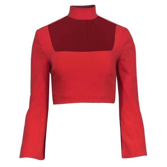 NWT CINQ SEPT 90s Mockneck Choker Cutout Square Neck Long Bell Sleeve Crop Top 2 - Picture 4 of 12